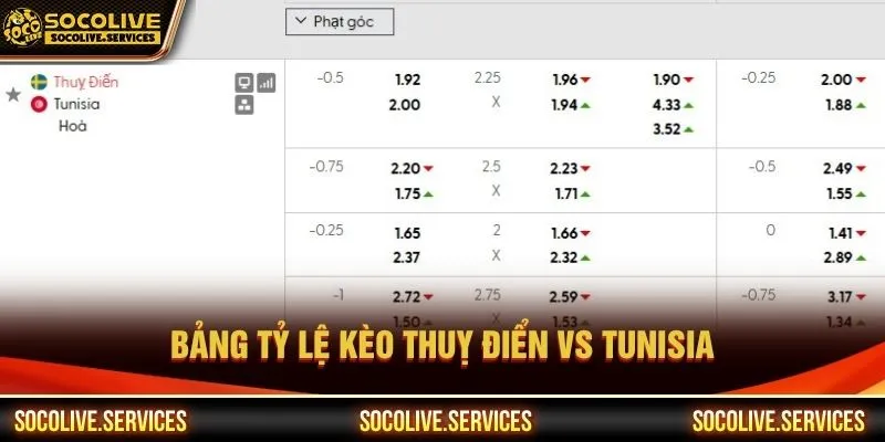 Bảng tỷ lệ kèo trận Thuỵ Điển vs Tunisia ngày 15/06/2026